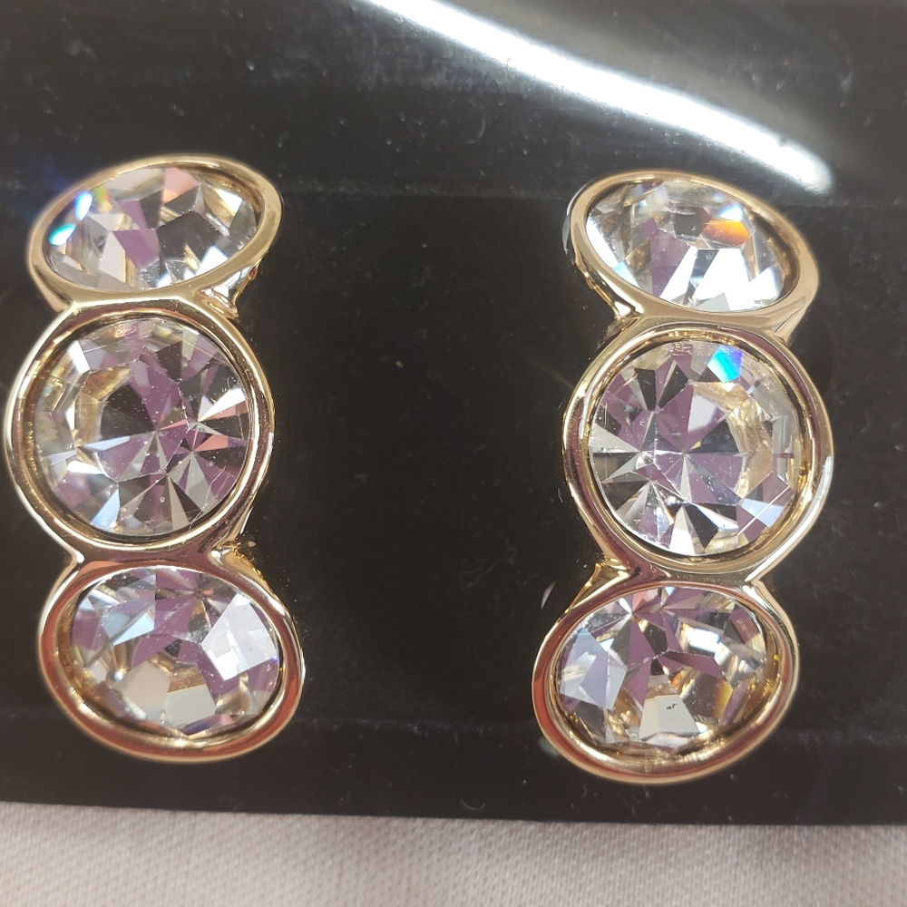 Swarovski Swan Signed Gold Tone Triple Headlight Clip-on Earrings